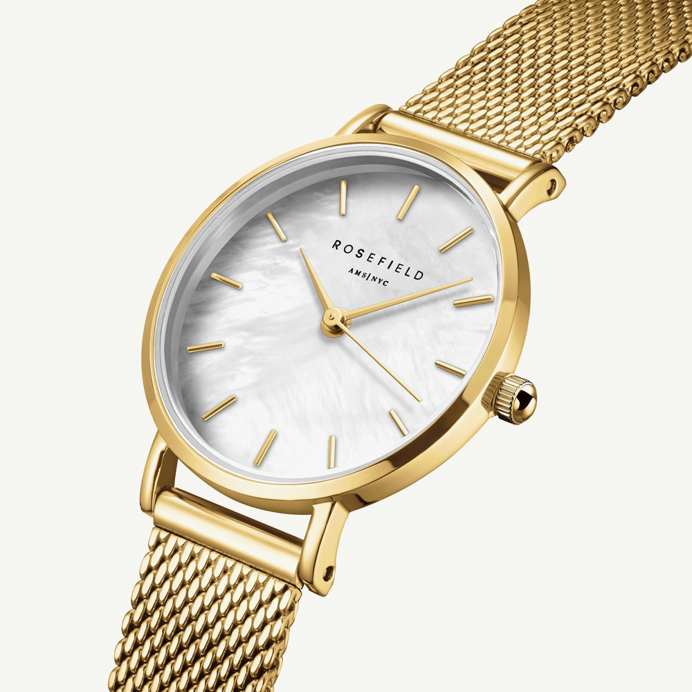 ROSEFIELD Ladies Small Edit White Mother of Pearl Dial Golden Mesh Bracelet Watch SMGMG-S06