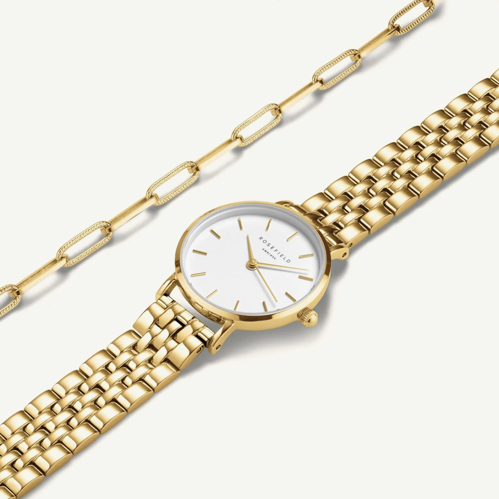 ROSEFIELD Ladies Small Edit White Dial Golden Bracelet Watch & Hammered Chainlink Bracelet Gift Set 26WGSG-X278