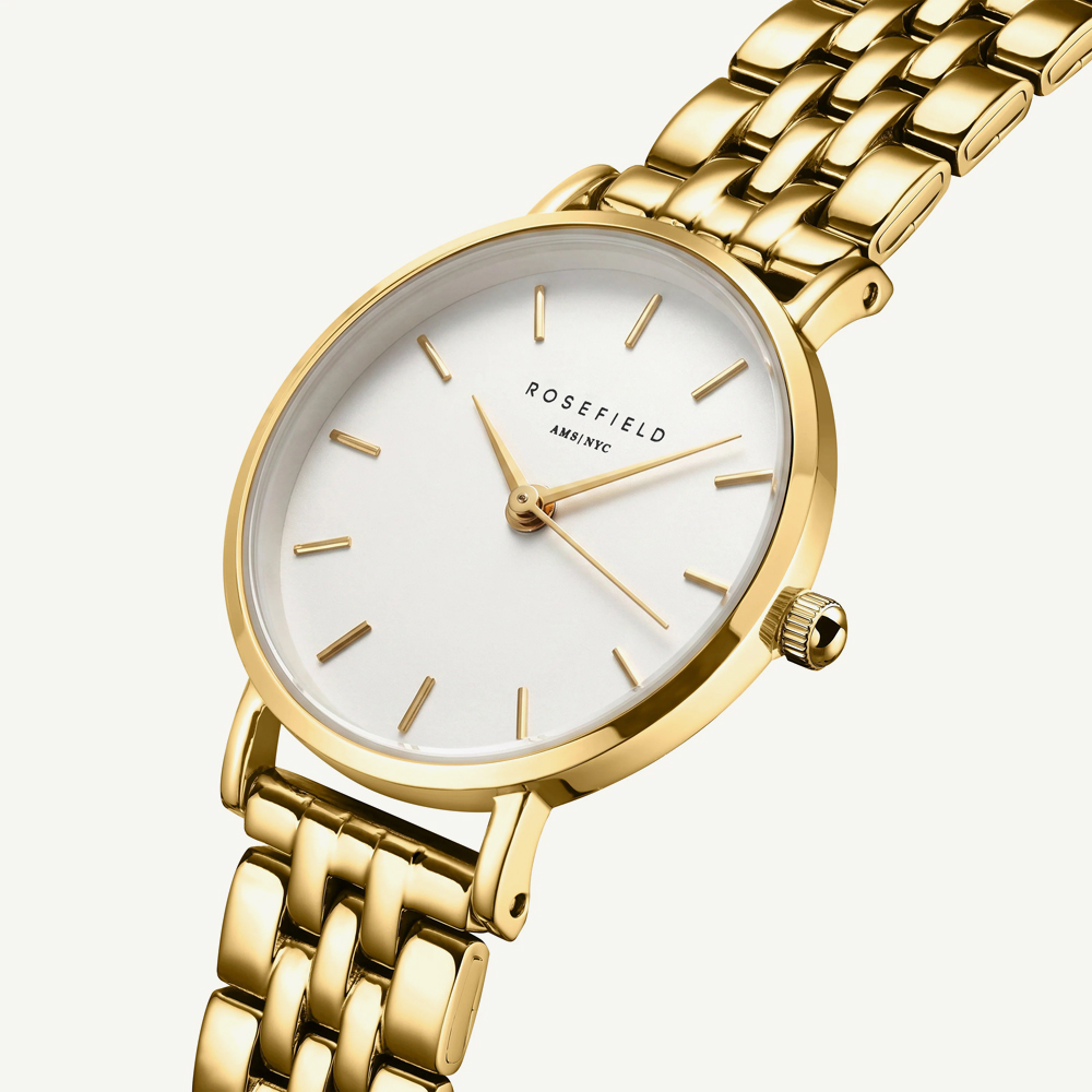 ROSEFIELD Ladies Small Edit White Dial Golden Bracelet Watch & Hammered Chainlink Bracelet Gift Set 26WGSG-X278