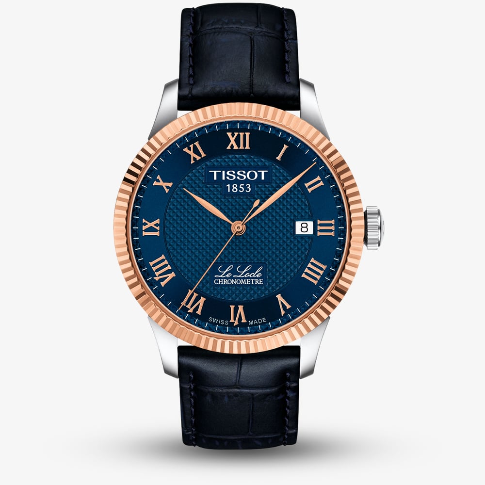Tissot Mens Le Locle 18k Rose Gold Blue Leather Strap Watch T932.408.46.043.00