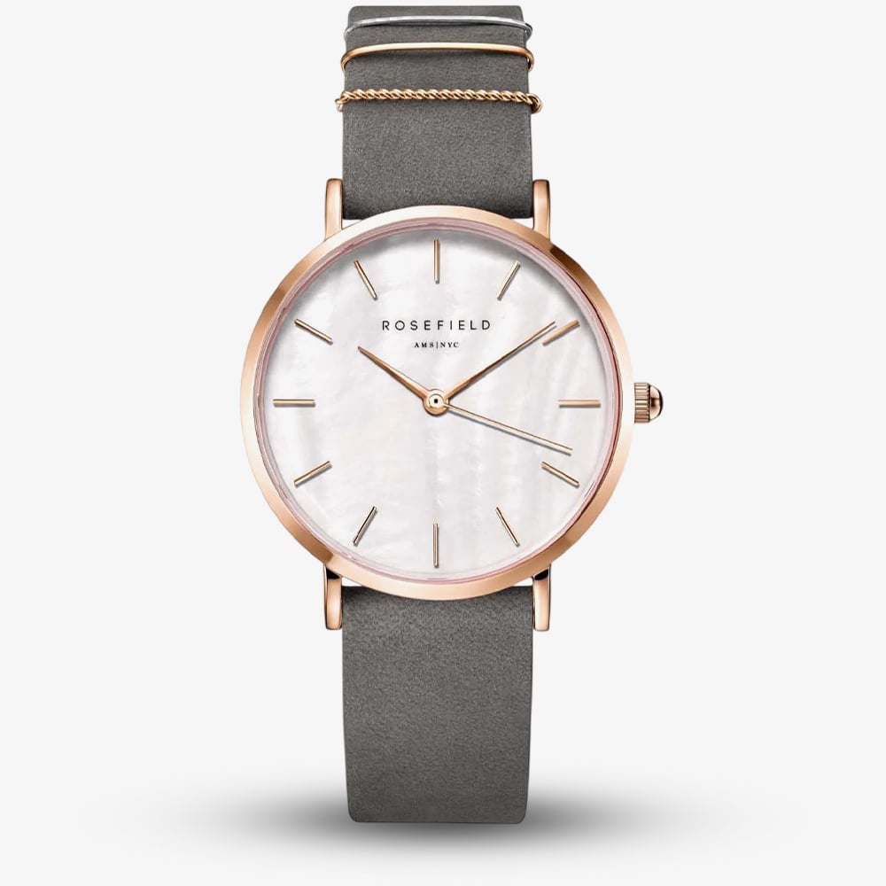 ROSEFIELD Ladies West Village White Mother of Pearl Grey Leather Strap Watch WEGR-W75