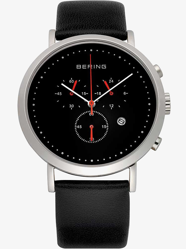 Bering Mens Black Chronograph Leather Strap Watch 10540-402