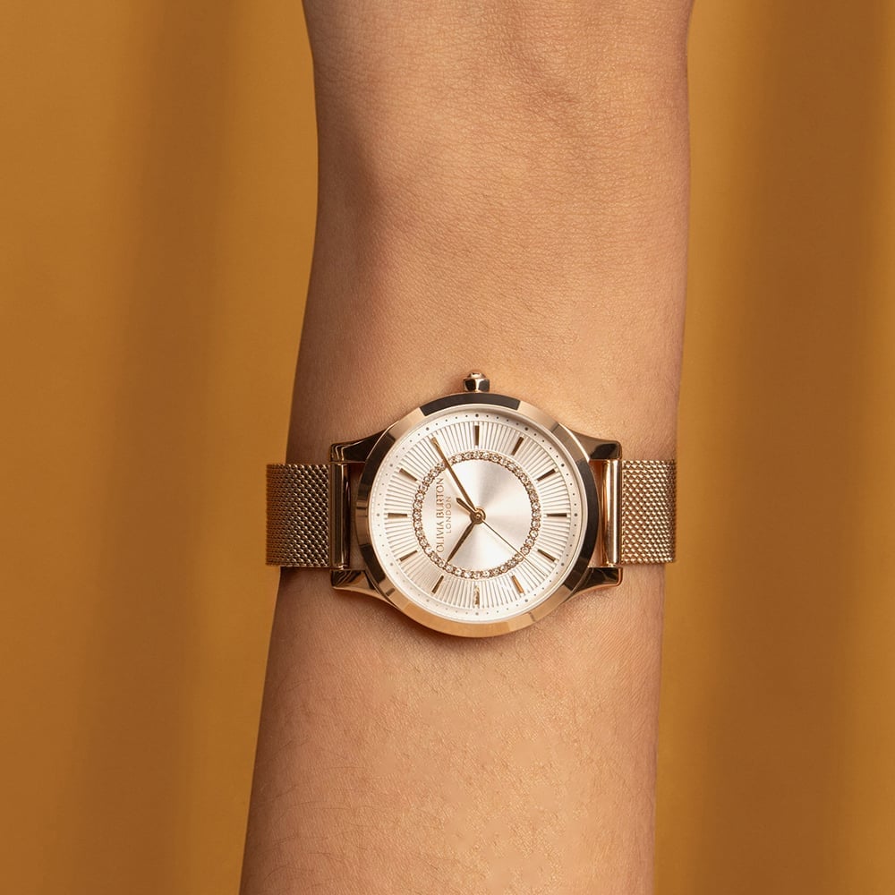 Olivia Burton Classic Wonderlust Rose Gold Plated Crystal Mesh Watch 24000213