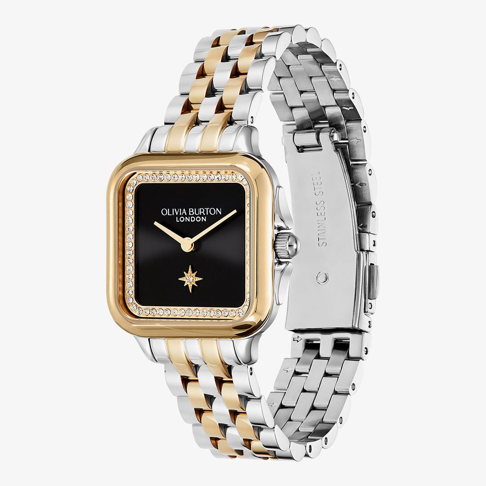 Olivia Burton Grosvenor Two Tone Crystal Black Square Dial Watch 24000124