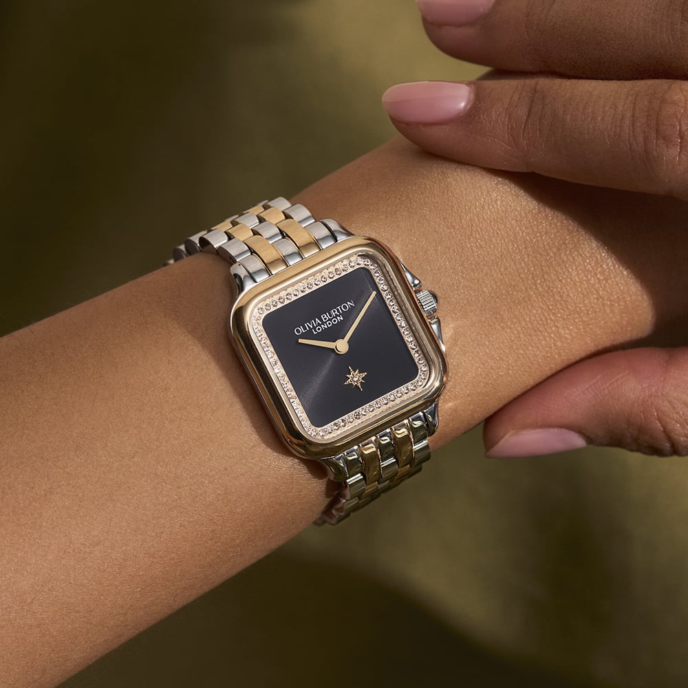 Olivia Burton Grosvenor Two Tone Crystal Black Square Dial Watch 24000124