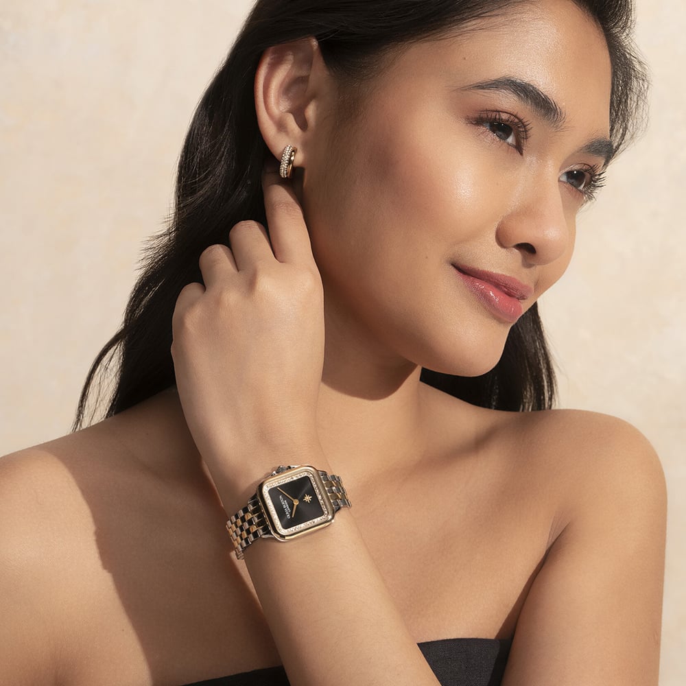 Olivia Burton Grosvenor Two Tone Crystal Black Square Dial Watch 24000124