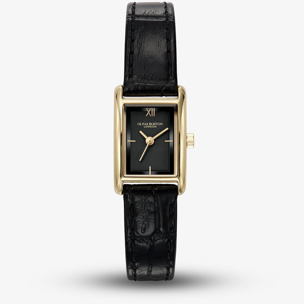 Olivia Burton Mini Grove Gold Black Leather Strap Watch 24000284