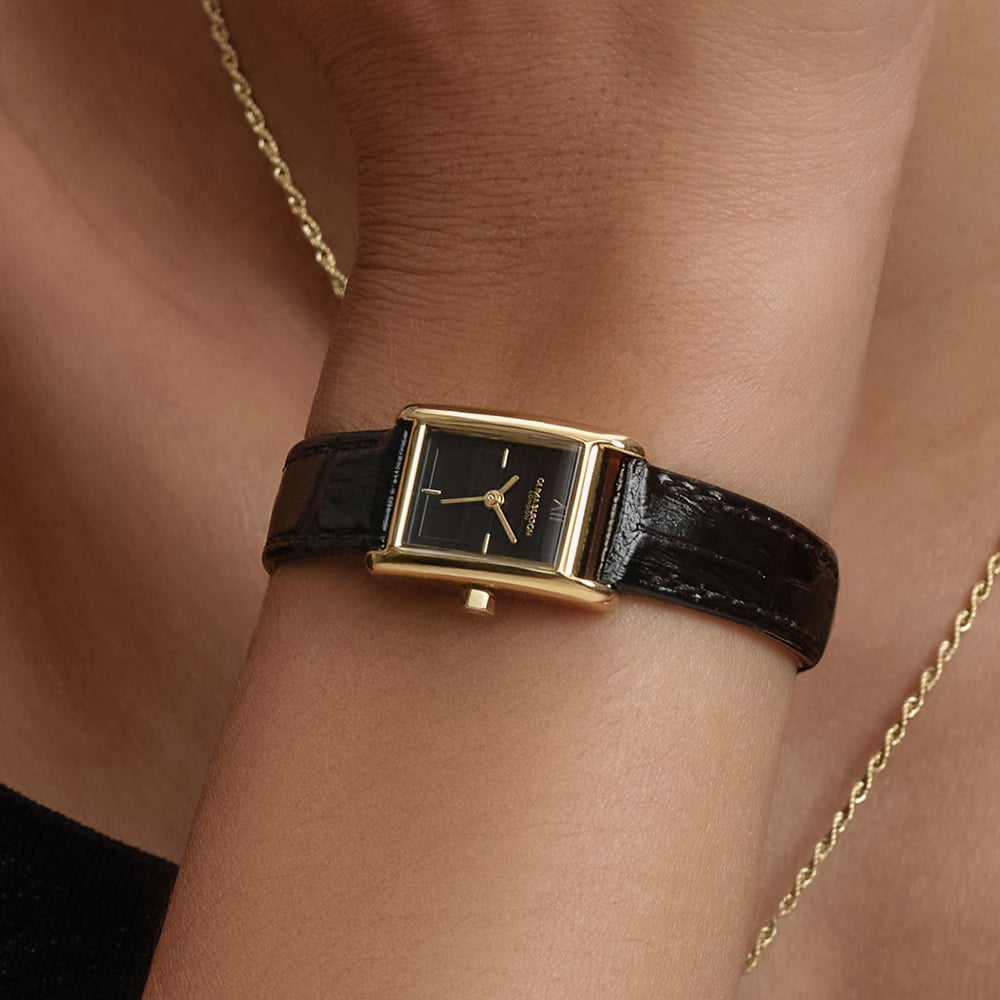 Olivia Burton Mini Grove Gold Black Leather Strap Watch 24000284