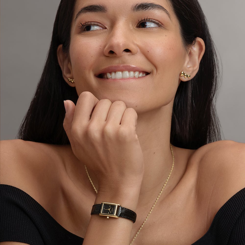 Olivia Burton Mini Grove Gold Black Leather Strap Watch 24000284
