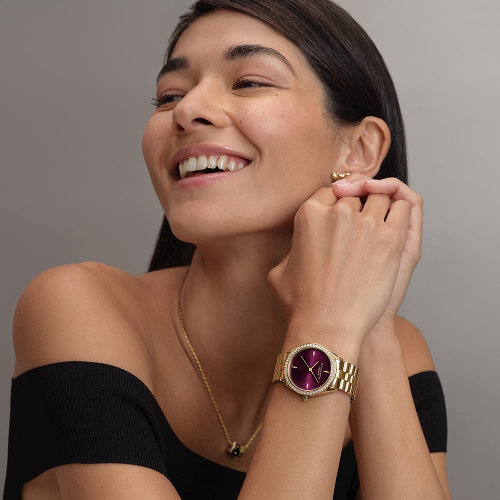 Olivia Burton Gold Tone Stone Set Purple Dial Watch 24000272