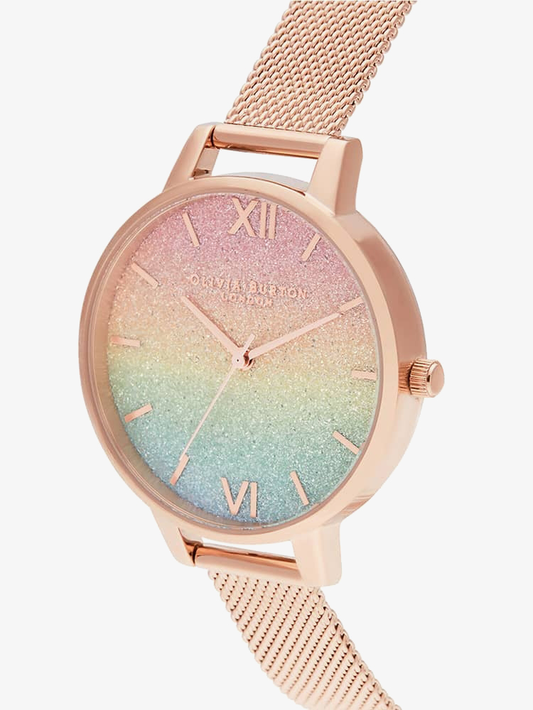 Olivia Burton Ladies RainBow Rose Gold Mesh Bracelet Glitter Dial Watch OB16RB18