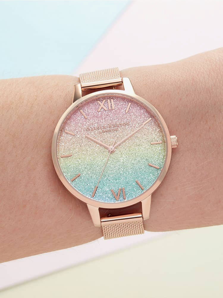 Olivia Burton Ladies RainBow Rose Gold Mesh Bracelet Glitter Dial Watch OB16RB18