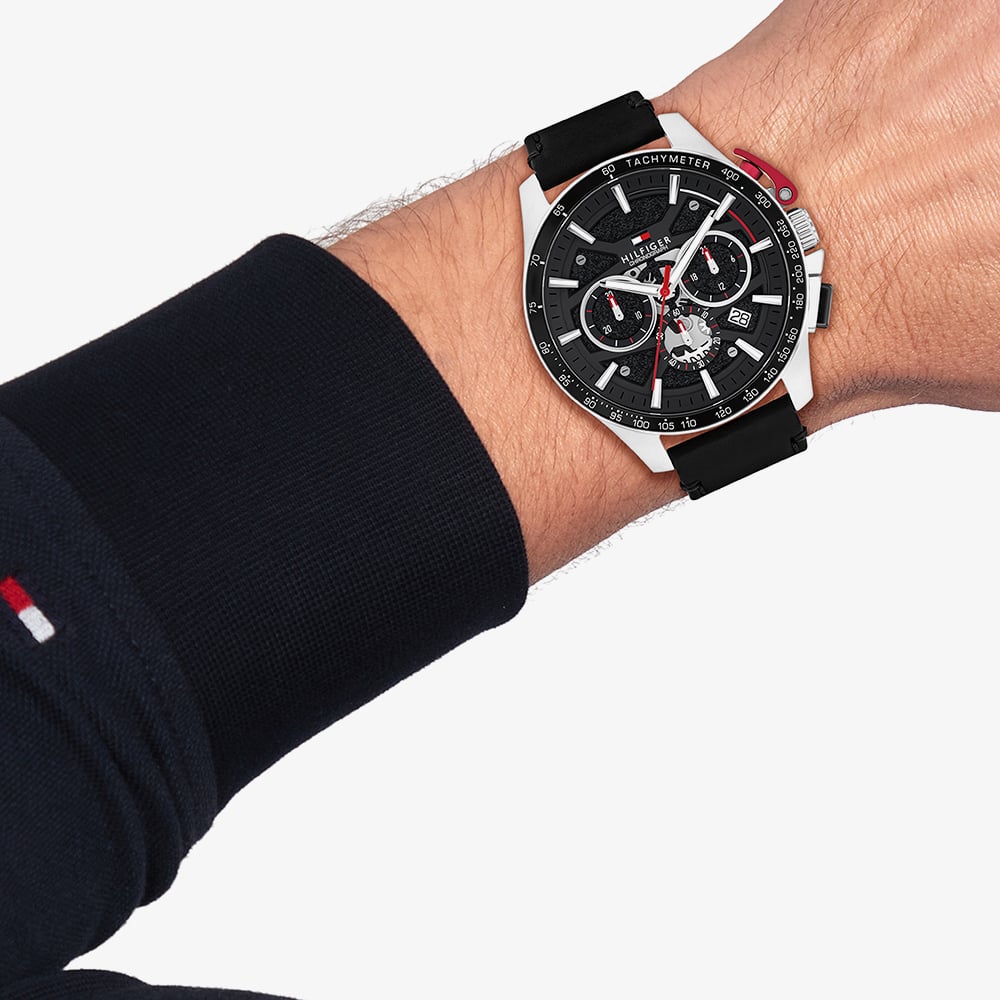 Tommy Hilfiger Mens Bank Skeleton Chronograph Black Leather Strap Watch 1792258
