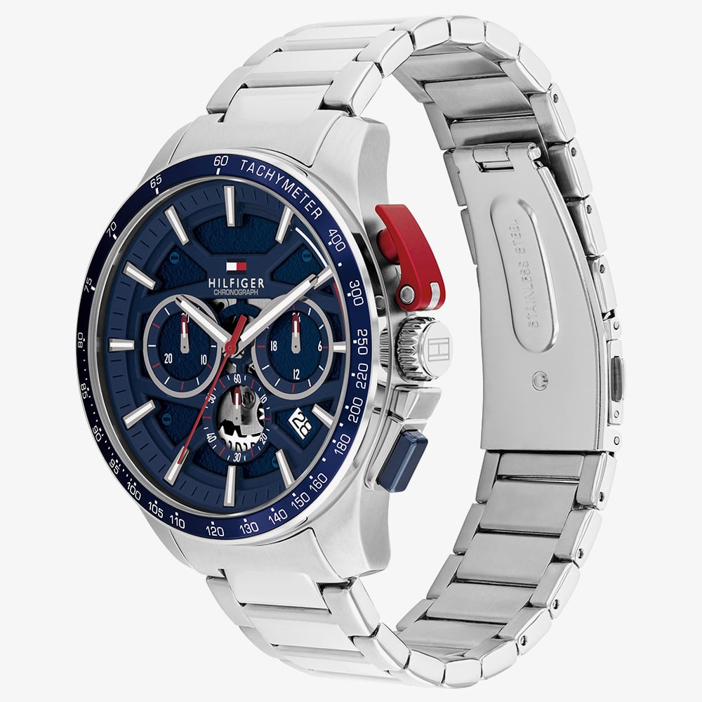 Tommy Hilfiger Mens Bank Skeleton Chronograph Blue Bracelet Watch 1792261