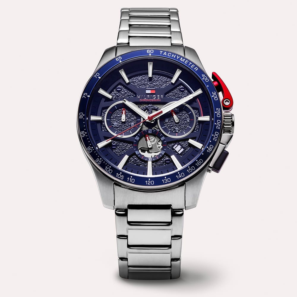 Tommy Hilfiger Mens Bank Skeleton Chronograph Blue Bracelet Watch 1792261