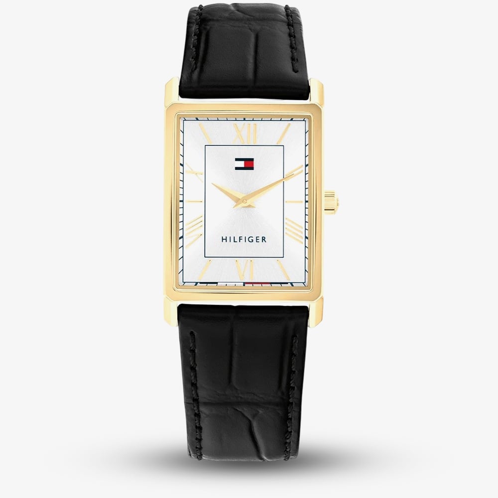 Tommy Hilfiger Mens Ben Rectangle Silver Dial Leather Strap Watch 1710772