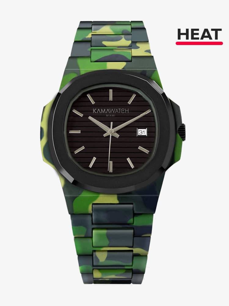 KAMAWATCH Vintage Dynamo Black and Green Camo Plastic Bracelet Watch KWP21