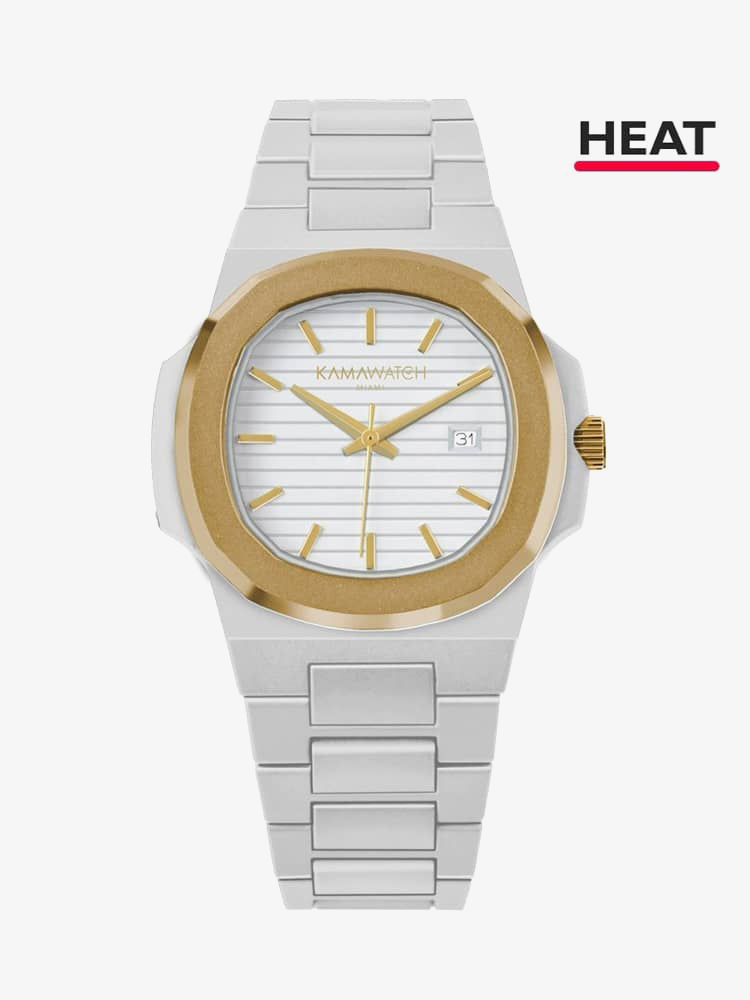 KAMAWATCH Vintage Pegaso Gold Plated Grey and White Plastic Bracelet Watch KWP24