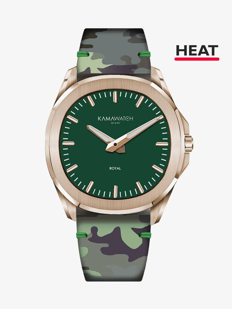 KAMAWATCH Royal Rose Gold Plated Green Dial Brown and Camo Leather Suede Strap Watch KWPM35
