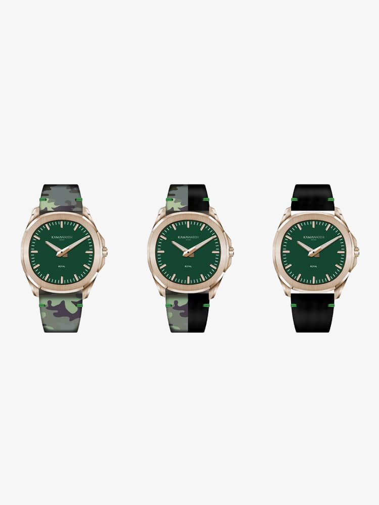 KAMAWATCH Royal Rose Gold Plated Green Dial Brown and Camo Leather Suede Strap Watch KWPM35