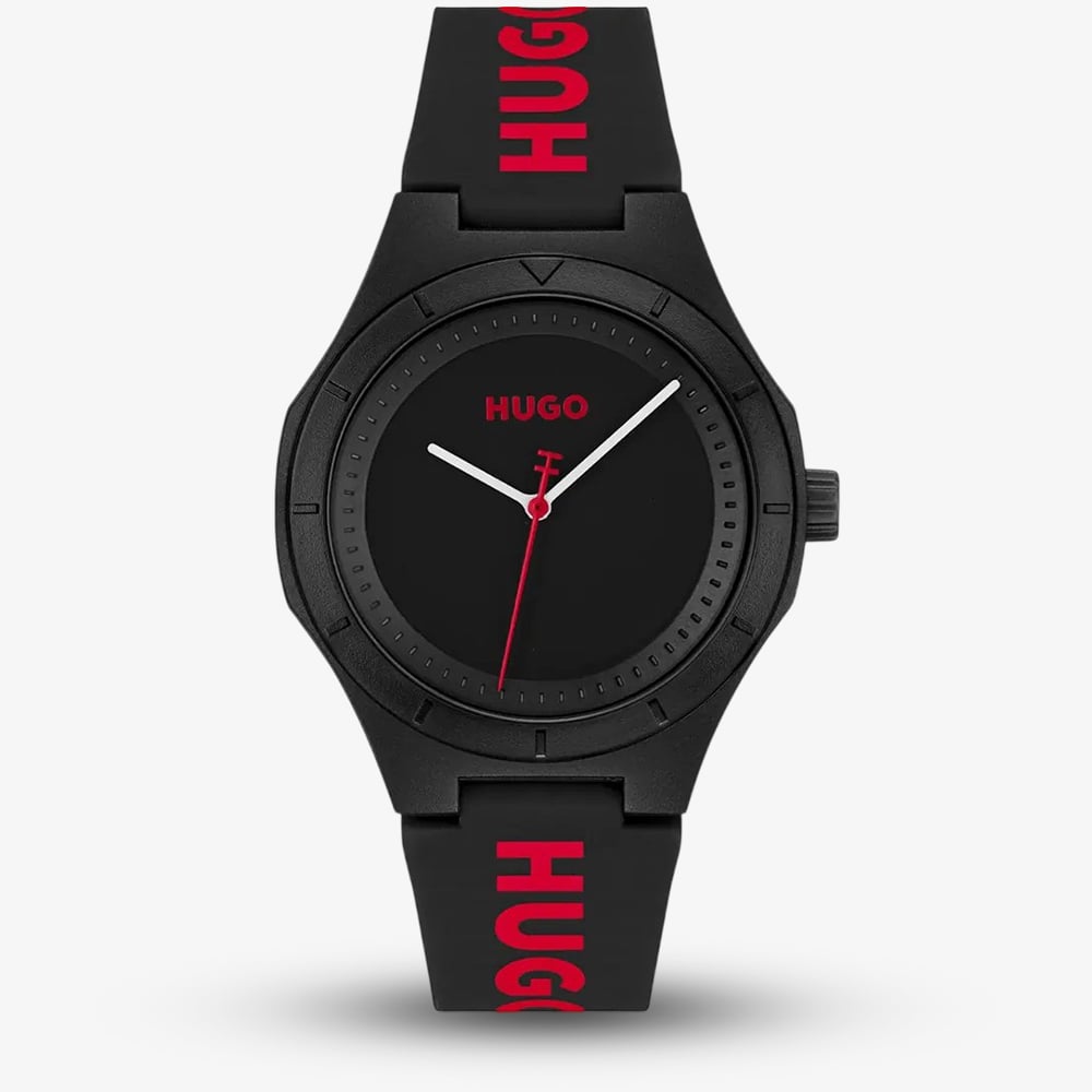 HUGO Mens #Lit Black Dial Rubber Strap Watch 1530343