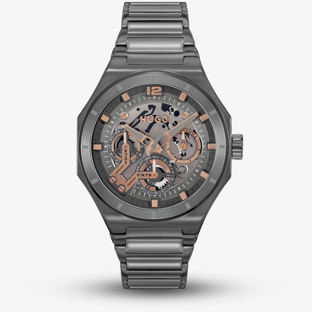 HUGO Mens #Grail Skeleton Dial Grey Bracelet Watch 1530378