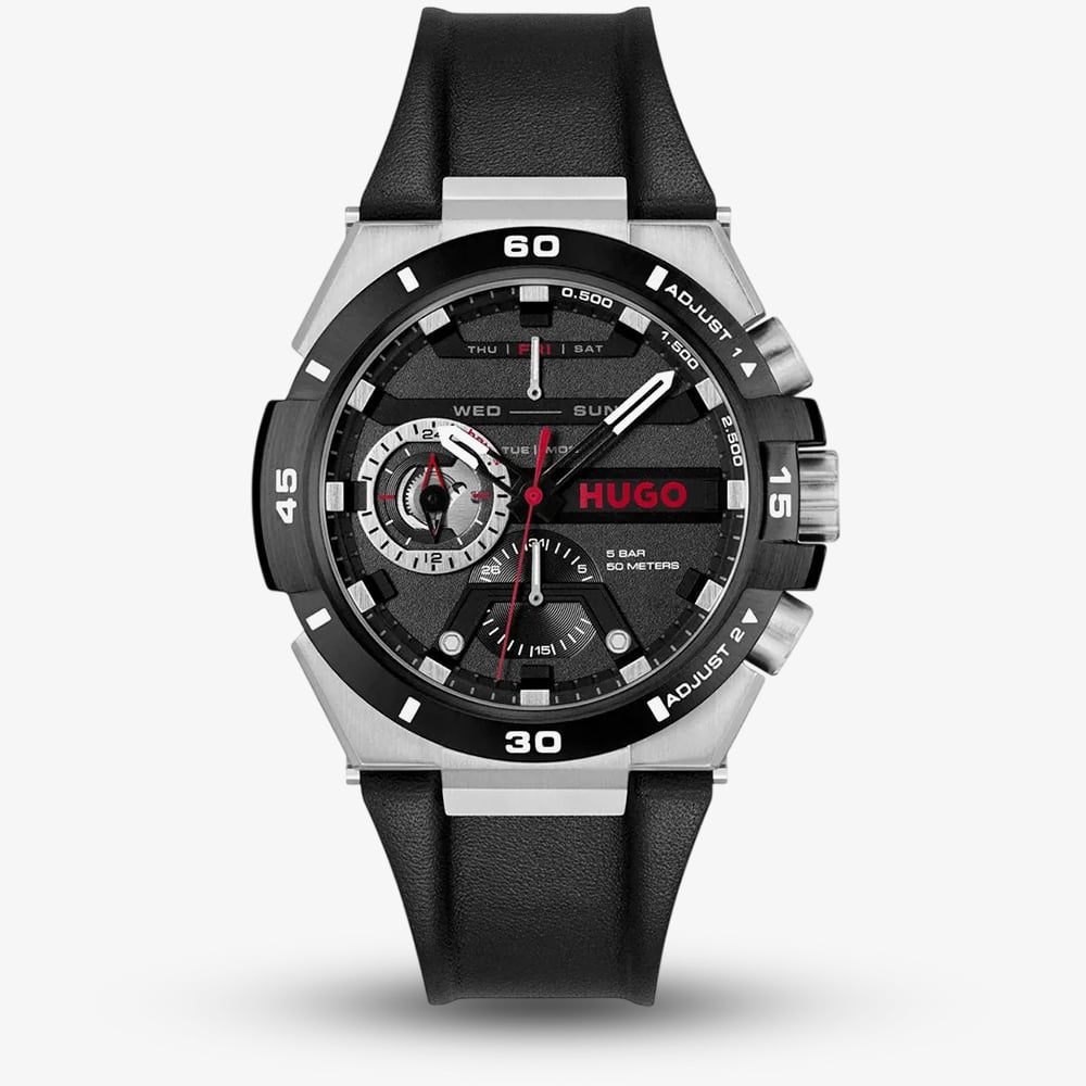 HUGO Mens #Wild Black Dial Leather Strap Watch 1530336