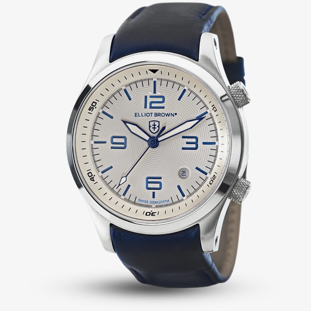 Product photograph of Elliot Brown Canford Dark Blue Leather Strap Watch 202-001-l06 from The Jewel Hut