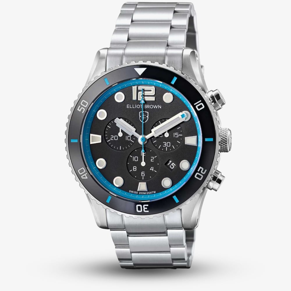 Product photograph of Elliot Brown Bloxworth Chronograph Silver Amp Blue Watch 929-018-b07 from The Jewel Hut