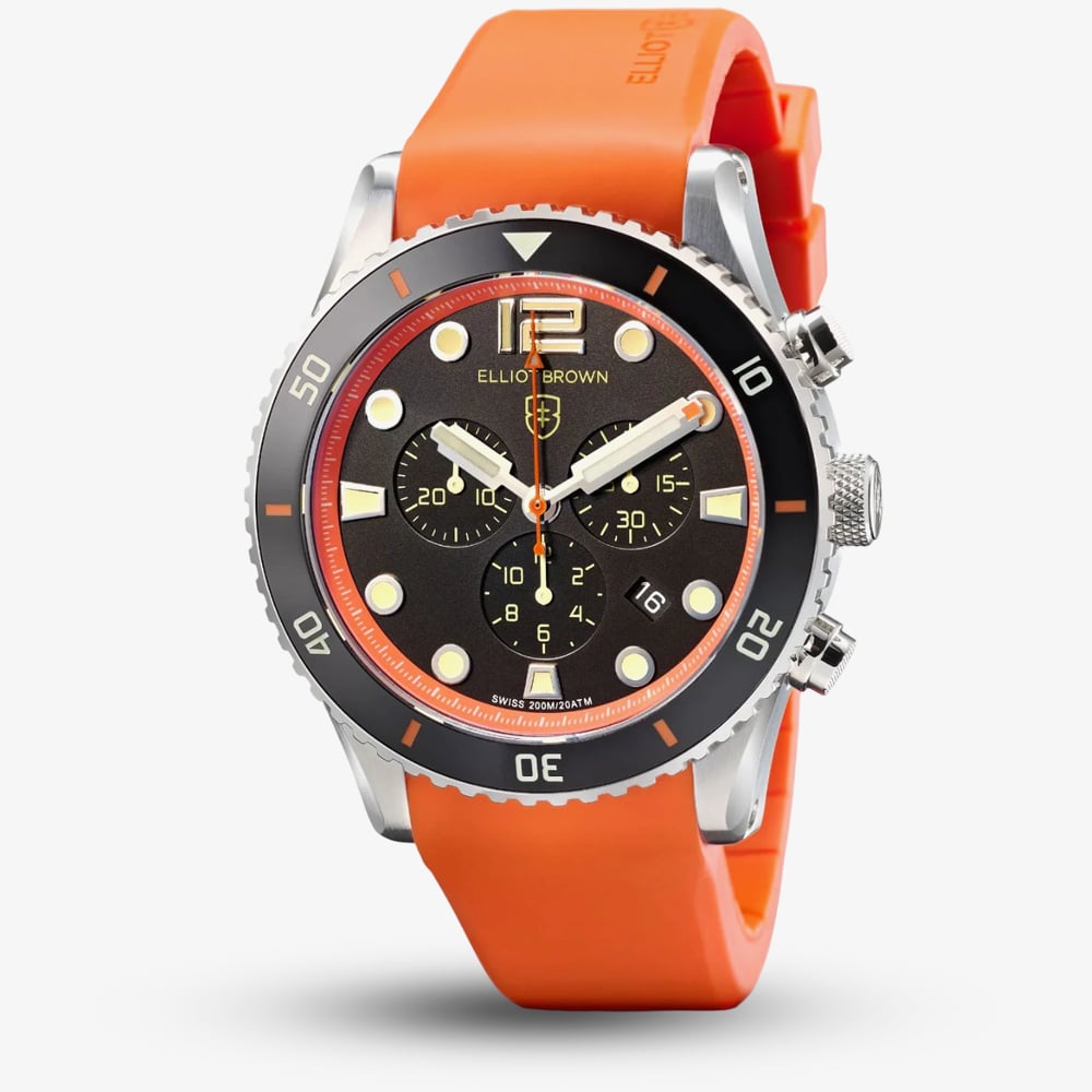 Product photograph of Elliot Brown Bloxworth Chronograph Orange Rubber Watch 929-019-r05 from The Jewel Hut