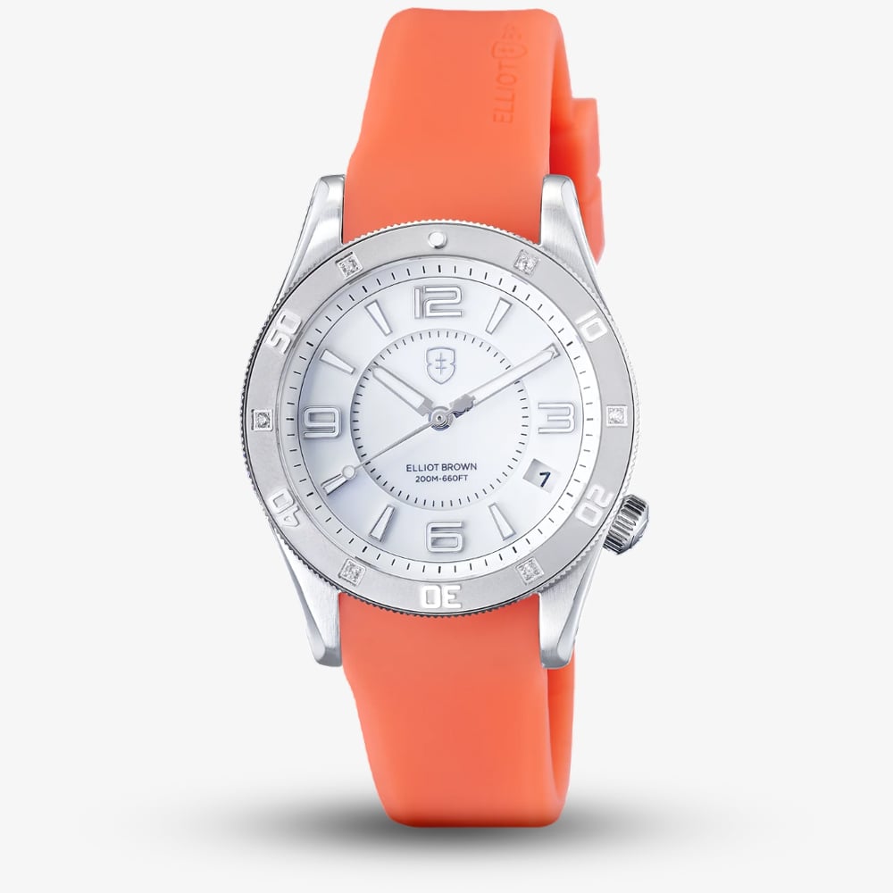 Product photograph of Elliot Brown Ladies Bloxworth Hali Orange Rubber Strap Watch 929-201-r47 from The Jewel Hut