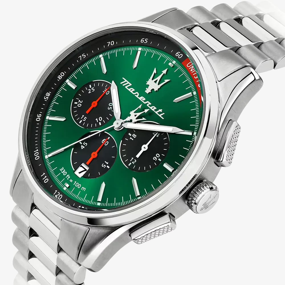 Maserati Mens Sorpasso Green Chronograph Dial & Black Leather Strap Watch MSR8873624002
