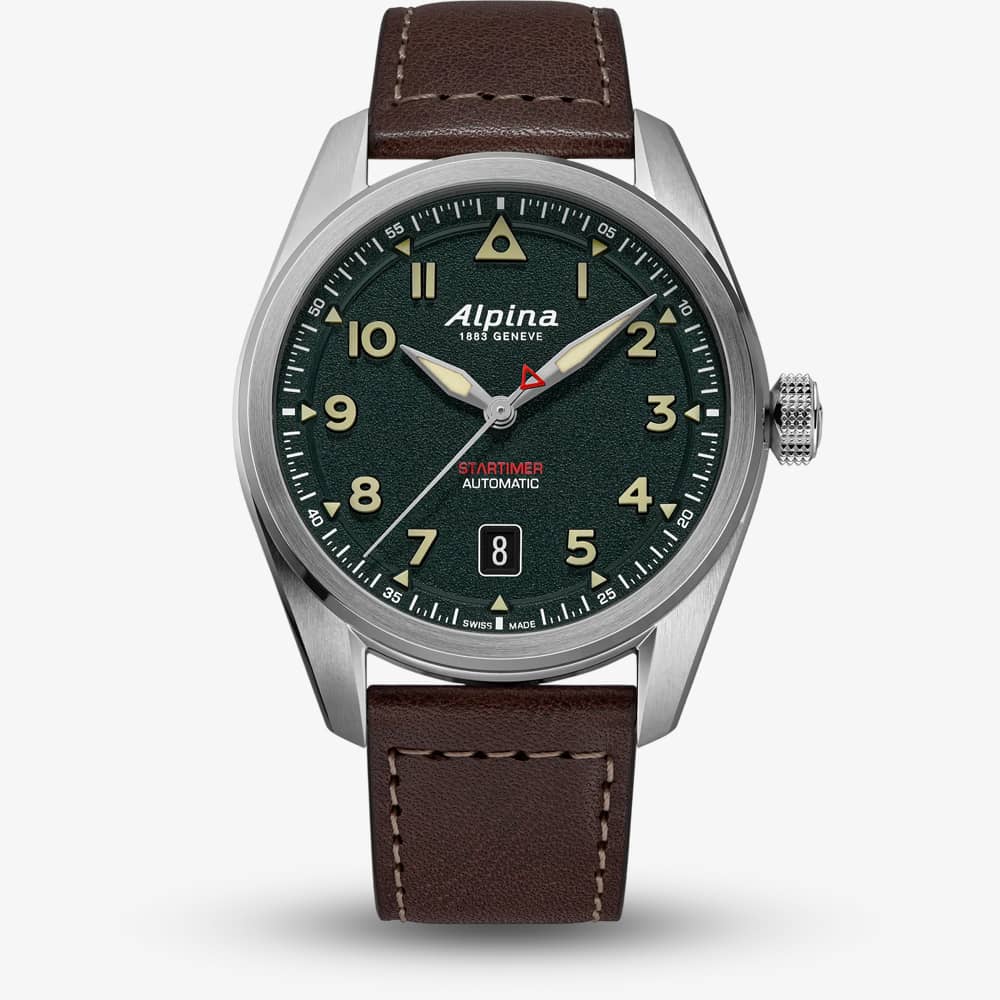 Alpina Mens Startimer Pilot Automatic Khaki Dial Leather Strap Watch AL-525KW4S36