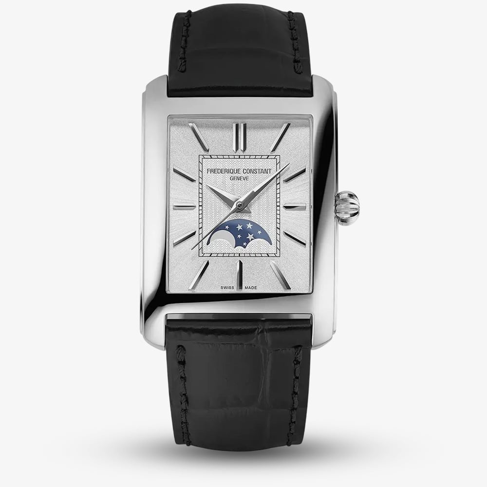 Frederique Constant Mens Carree Moonphase Black Leather Strap Watch FC-333S4C6
