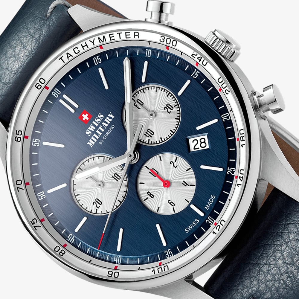  Swiss Military Mens Sports Chronograph Blue Dial Leather Strap Watch SM34081.08