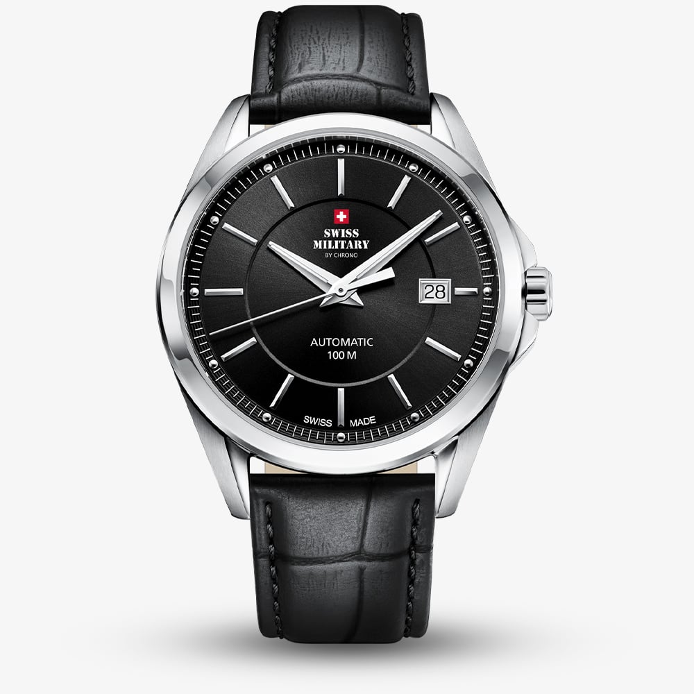 Swiss Military Mens Automatic Black Dial Black Leather Strap Watch SMA34085.13
