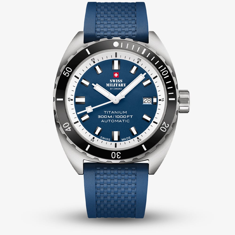 Swiss Military Mens Titanium 300 Blue Dial Rubber Strap Watch SMA34100.09