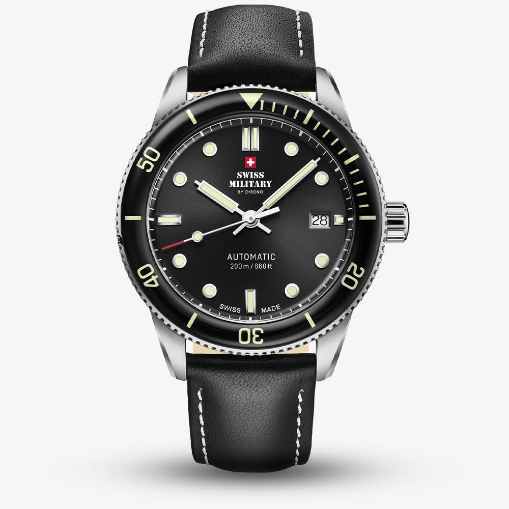 Swiss Military Mens Automatic Black Dial Leather Strap Watch SMA34106.05