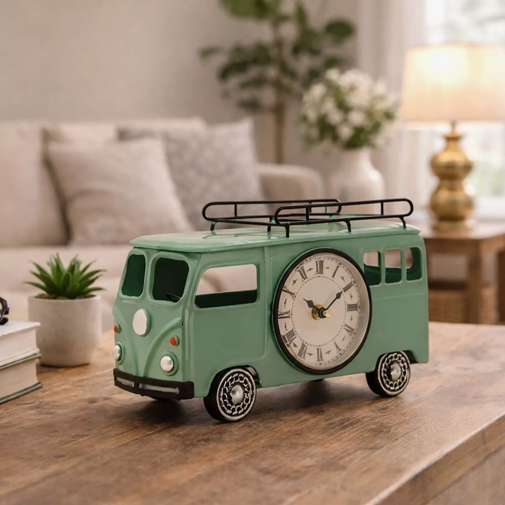 Hometime Metal Green Campervan Mantle Clock W2998