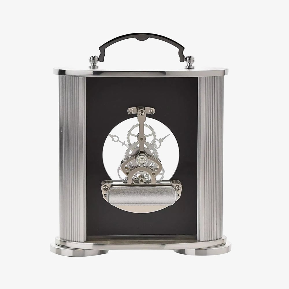 WM Widdop Silver and Black Skeleton Mantel Clock W2920