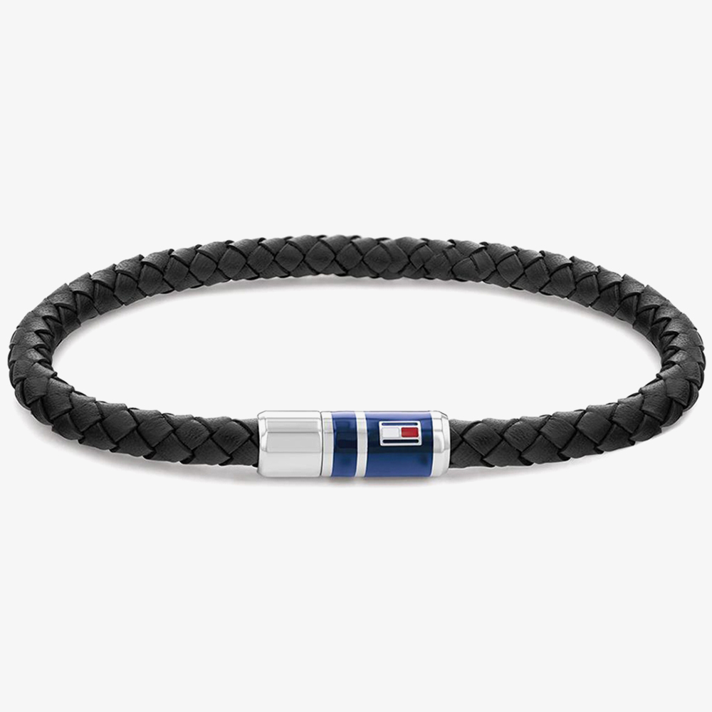 Product photograph of Tommy Hilfiger Mens Black Leather Logo Bracelet 2790293 from The Jewel Hut