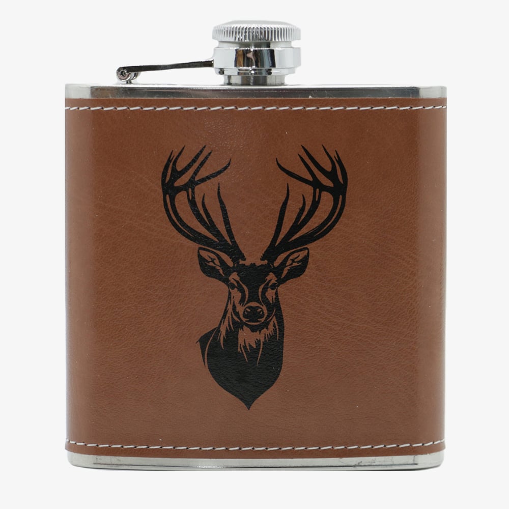Stainless Steel &amp; Brown Leatherette Deer 6oz Hip Flask HF-07