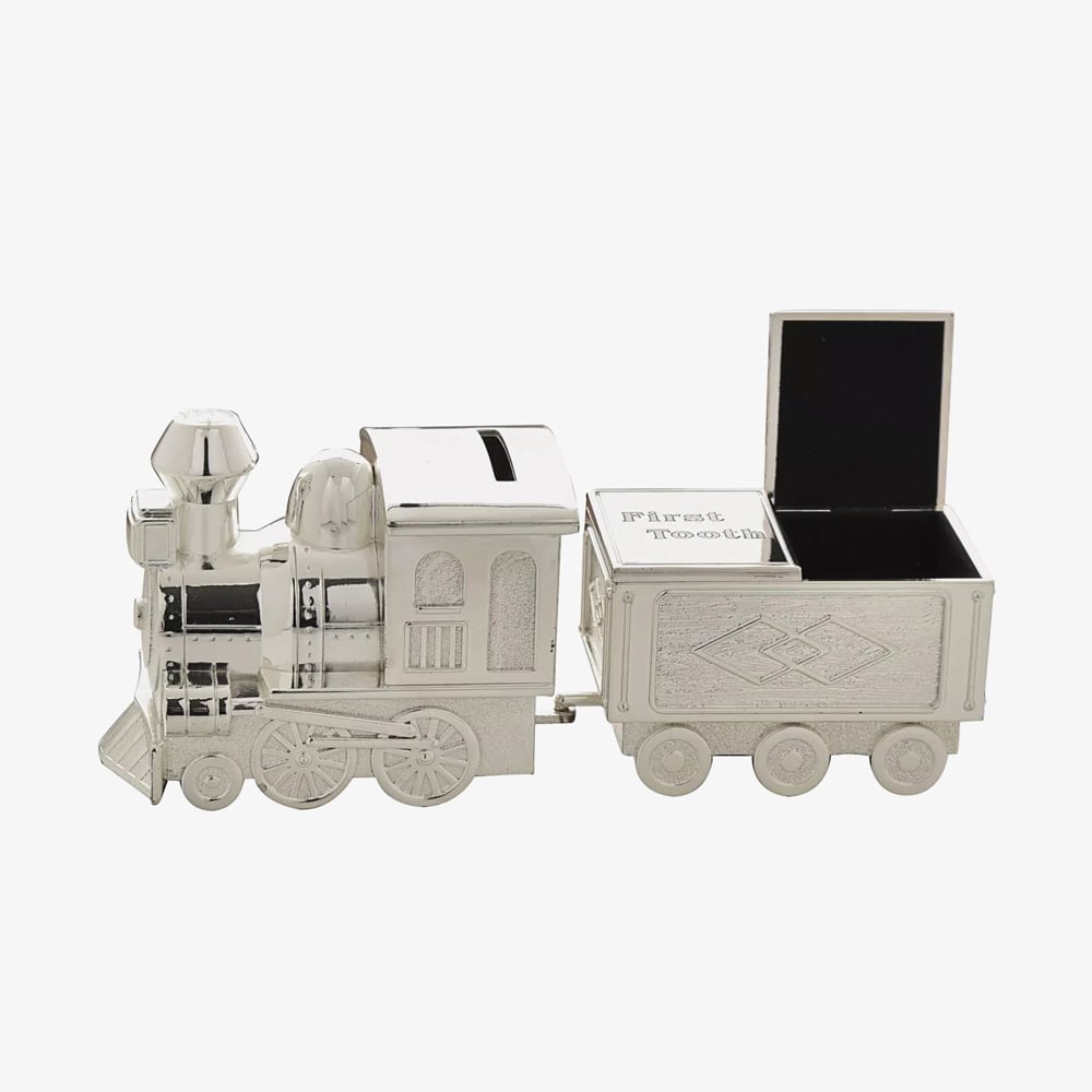 Bambino Silver First Tooth/Curl Train Money Box Gift CG404