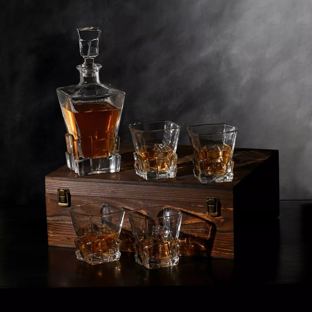 Harvey Makin Four Whiskey Glasses & Decanter Set In Wooden Box Glassware HM2270