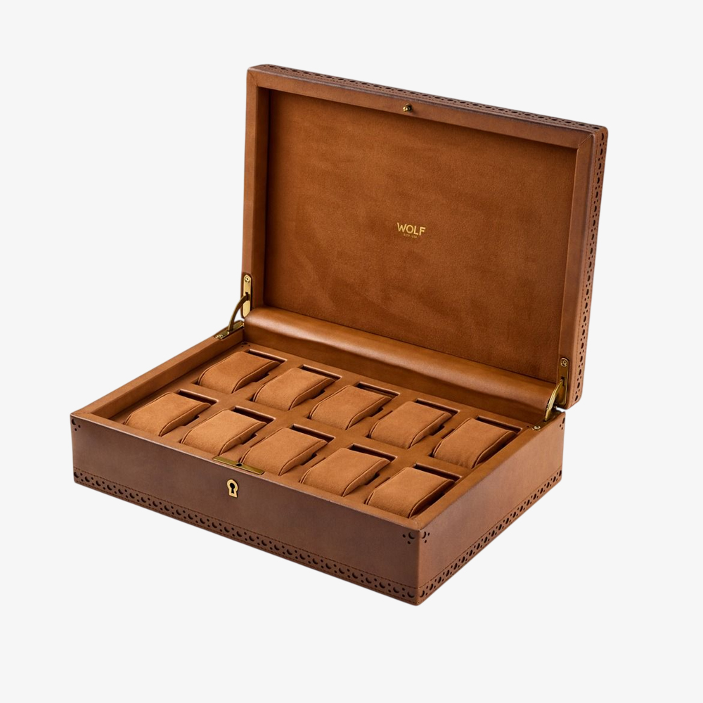 WOLF Brogue 10 Piece Burnished Brown Watch Box 441006
