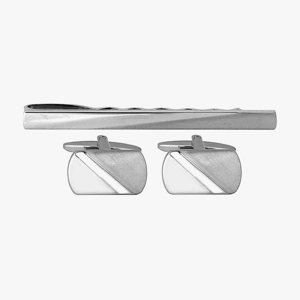 Dual Finish Brushed &amp; Shiny Tie Slide &amp; Cufflinks 60-1005