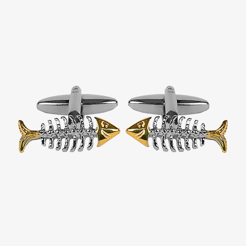 Fish Skeleton Rhodium &amp; Gold Plated Cufflinks 90-1442