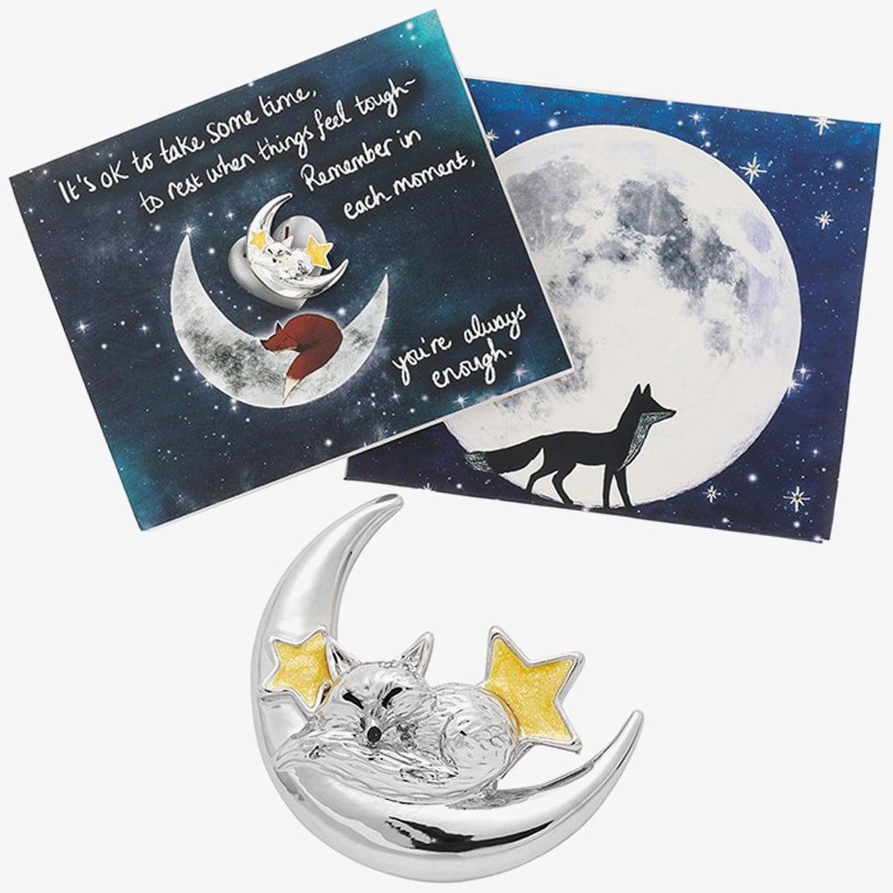 Silver Plated Fox Sleeping On Moon Brooch 364358