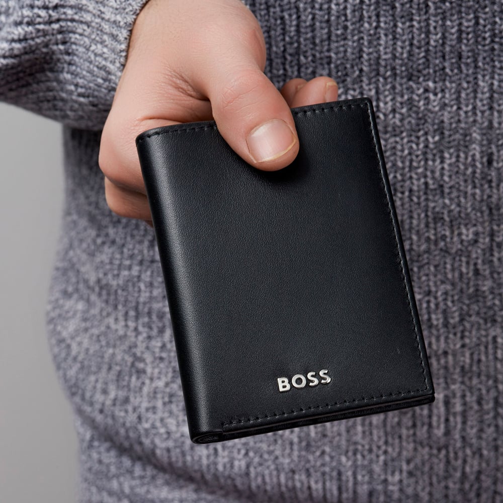 BOSS Classic Smooth Black Folding Card Holder Wallet HLE403A