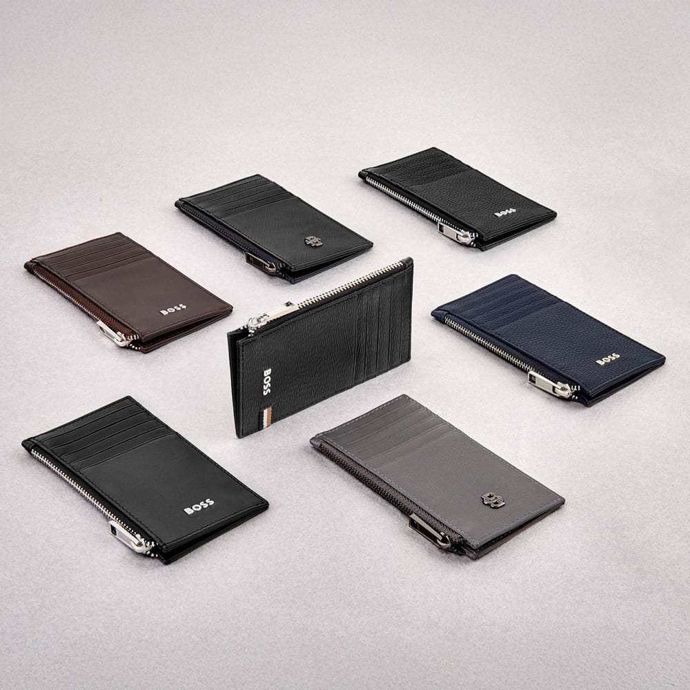 BOSS Classic Smooth Black Zip Card Holder Wallet HLK503A